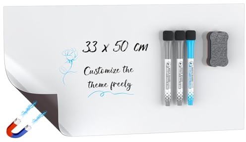 Uniclife 33 x 50 cm Magnetische Whiteboard für Kühlschrank, Magnetische Trockenlöschtafel Kühlschrank Große Whiteboard-Folie 3 Markern & 1 Radierer Leere Kühlschrank Trockentafel Zuhause Küche Büro