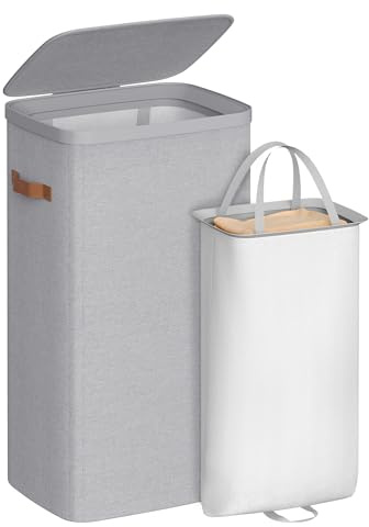 SONGMICS Laundry Basket, 26.4 Gal. Laundry Hamper, Easy Assembly, with Lid and Handles, Removable Liner, 16.5 x 12.6 x 29.5 Inches, Dove Gray ULCB811GD01