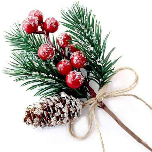 Christmas Berries Red Stems Evergreen Pine Branches, Spray Artificial Pine Cones Holly Stem Craft Winter Holiday Floral Picks for Décor DIY Xmas Garland Wreath Ornament,pinecones,christmas ornaments
