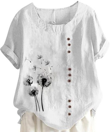 Chemisier Lin pour Femme Chemisiers Coton Et Lin Col Round Bouton Manches Courtes T Shirt Imprimé Fleuri Mode Lâche Respirant Chemise Tops D'Été Décontracté Ample Blouses Élégant Chic