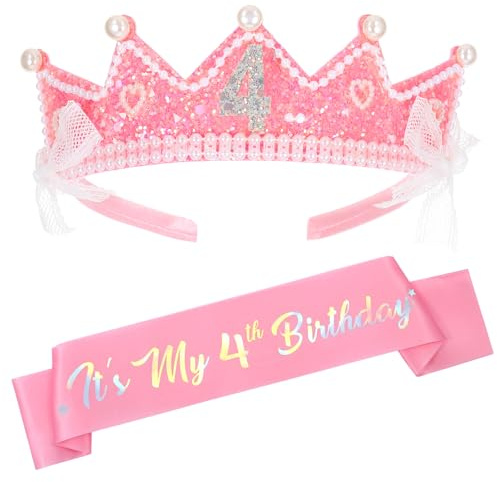 PEOVLVN Corona de cumpleaños de 4 años, corona de cumpleaños para niñas, corona de cumpleaños y faja, rosa para mujer, reina de cumpleaños, faja para niñas y mujeres, fiesta de cumpleaños
