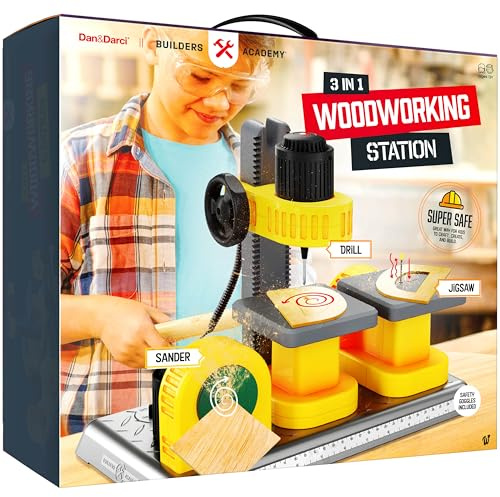 Dan&Darci 3-in-1 Woodworking Station for Kids - Wood Building Projects Kit for Boys - Real Construction Tools Sets - Boy Tool Set - Gifts Age 8 Year Old - Cool STEM Toys Kits Birthday Gift Ideas