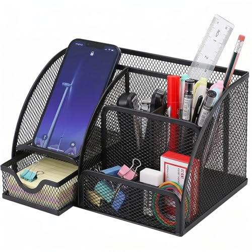 FYting Organizador Escritorio,Portalapices Escritorio,Estante de Almacenamiento de Metal 7 Compartimentos con Cajones, Utilizado para Guardar Cuadernos A4, BolíGrafos, Material de Oficina (Negro)