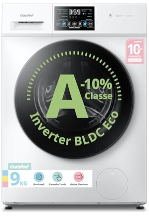 COMFEE' Lavatrice 9 kg Classe A-10% 1400 Giri Motore Inverter Silenzioso | Vapore Igienico, Wool, Lavaggio Rapido e Pannello Touch per Famiglie e Grandi Carichi di Bucato CFP03EW90W-IT
