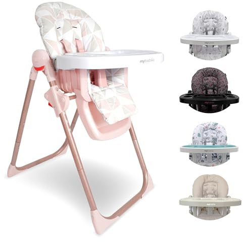 My Babiie MBHC8 Premium Highchair – Adjustable, 3 Recline Positions, 6 Height Settings, Removable Tray, Padded Seat, Foldable, for Toddler, from 6 Months to 3 Years (15kg) – Rose Gold Geo