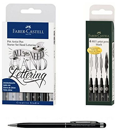 Sammelmappe 2 Faber Castell: 4 Filzstifte Pitt Artist schwarze + Set Starter Pitt Artist Pen Lettering + 1 Stift Stylus Touch Blumie