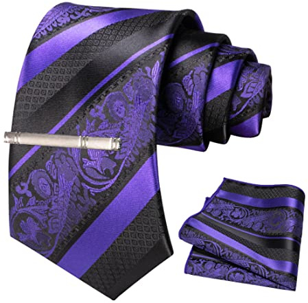 JEMYGINS Cravate Homme Violet en Soie Rayures et Impression Mariage et Pinces à cravate et Carre de poche Ensemble Compris boîte(8)