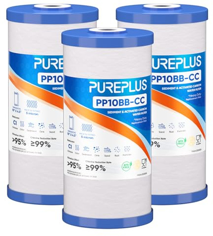 PUREPLUS 5 Micron 10 x 4.5 FXHTC Whole House Sediment and Carbon Water Filter Replacement Cartridge for GE GXWH40L, GXWH35F, GNWH38S, Culligan RFC-BBSA, WRC25HD, RFC-BB, PP10BB-CC, WFHD13001, 3Pack