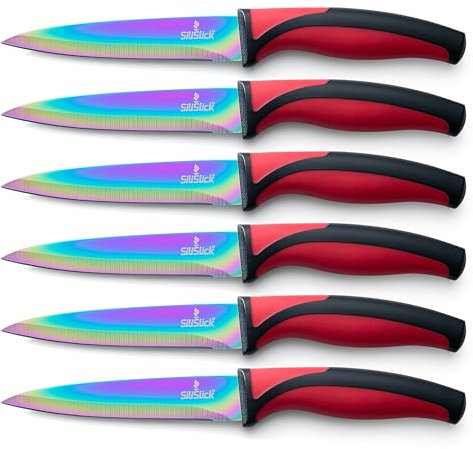 SiliSlick Ensemble de Couteaux à Steak - Couteaux en acier inoxydable avec revêtement en titane irisé/arc-en-ciel - 5 Pouces / 12,7 cm - (6 Poignée Rouge)