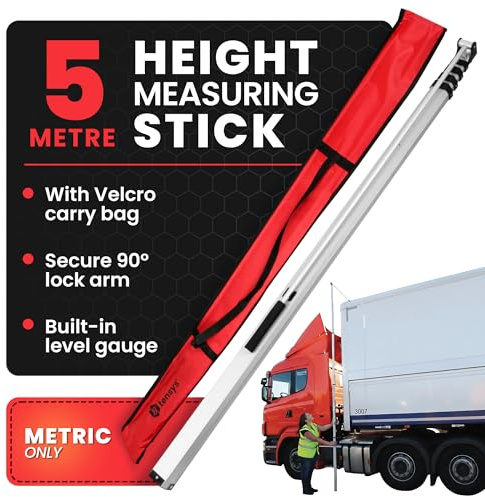 TENSYS Telescopic Height Measuring Stick - Folding 5m Steel Pole for Lorry, Truck, Trailer, Caravan, Built-In Level Gauge w/Carry Bag, Foldable Sizing Device Metal Rule, Metric Measurement Only