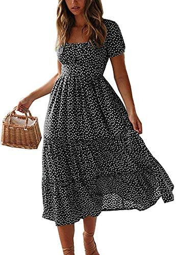 Colisha Womens Short Puff Sleeve Square Neck Floral Midi Dresses Flared Flowy Chiffon Maxi Dress Summer Beach Holiday Sundress L Black