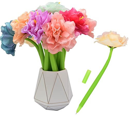 SIPLIV 12 bolígrafos creativos de tinta de gel con flores artificiales, color negro líquido, 0.5 mm, tinta de gel, para niñas y mujeres, suministros escolares de oficina, peonía