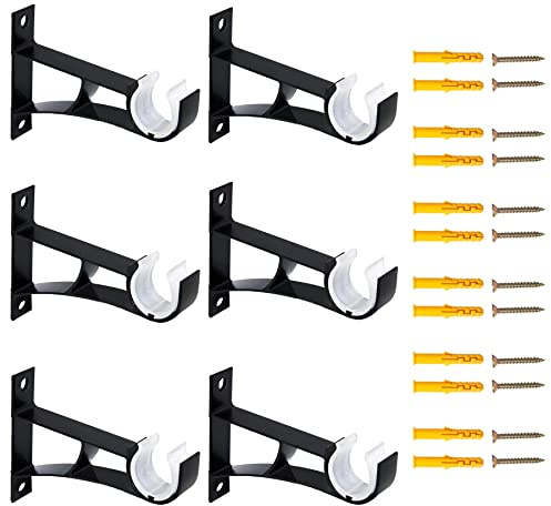 Curtain Rod Bracket, 6 Pcs Heavy Duty Curtain Rod Holders for 1 to 1 1/8 Inch Diameter Curtain Rod, Single Decorative Rod Hooks Hanger, Black1