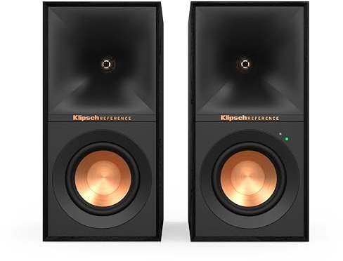 Klipsch Reference R-40PM Powered Bookshelf Speakers - 90-Degree x 90-Degree Tractrix Horn - Linear Travel Suspension - Sleek, Modern Appearance