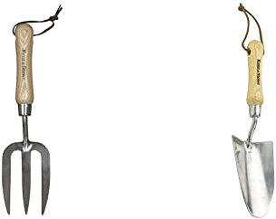 Kent & Stowe Handgabel – Blumengabel aus Edelstahl für die Gartenpflege, 31 cm & Handschaufel – Blumen-Kelle aus Edelstahl zum Pflanzen und Umtopfen, Pflanzschaufel mit Griff aus Eschenholz, 33,5 cm