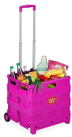 Relaxdays Carrello per Spesa Pieghevole, 35 kg Carico, Manico Telescopico, Carrellino Trolley Portaspesa, Cesto, Rosa