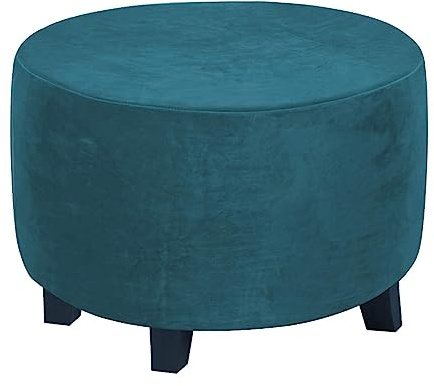 PODAY Round Ottoman Cover, Velvet Stretch Footstool Protector, Storage Stool Sofa Cover, Washable with Elastic Drawstring Dustproof Stirrup Sofa Cover 30″-41″ DeepwaterBlue