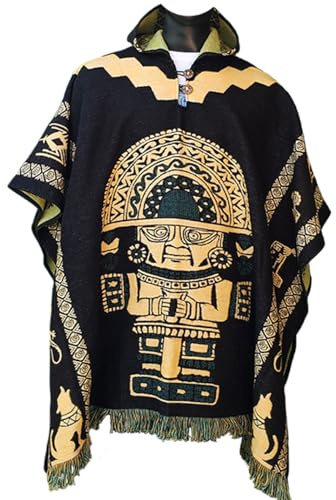 Mythical Ecuador Alpaca Poncho Men Ponchos Adult Fair Trade Ponchos Interactive Garment Artisan Crafted men's poncho, Surf & Womens Poncho Cloak Mens Wool Hoodie (Golden Black Tumi)