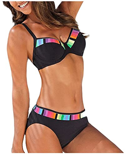 Maillot de Bain Femme 2 Pieces Sexy Push up Col V Ete Bikini Taille Haute Maillot de Bain Femme Grande Taille Plage Vacances Vintage Pas Cher Marque Swimsuit Maillot de Bain Piscine Femme Noir L