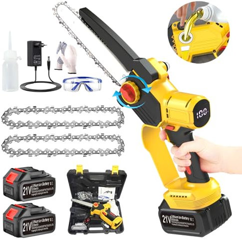 Mini Tronçonneuse à Batterie 8 Pouces Tronçonneuse Électrique sans Fil Brushless avec 2 Batterie et Chargeur 21V Tronconneuse a Batterie avec Verrous de Sécurité à Droite et à Gauche,Yellow,c