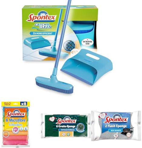 Spontex Starter Kit ménage - Pelle balayette en Caoutchouc Catch & Clean + 8 Microfibres Collection + 6 Gratte-Eponges Aluminum Multi-usages + 2 Flash Eponge Non-rayantes spéciales plaques et poêles