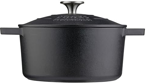 Cooks Professional 20cm Cast Iron Casserole Dish 2.8L with Lid & Handles | Colourful Modern Design Enamelled Cooking Pan Pot | Suitable For All Hobs Inc Induction | Oven & Grill Safe | Matt Black