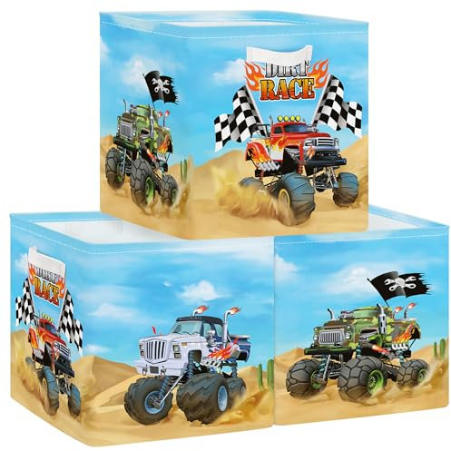 Clastyle Set di 3 Cubi Portaoggetti Ripiegabili Automobili Kallax Contenitori Maniglia per Scaffale Scatole Portaoggetti Genitore per Libro Giochi,Camion Mostri,30x30x30 cm