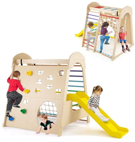 COSTWAY Kids Climbing Frame, 8 in 1 Wooden Jungle Gym with Climbing Rock/Net, Ladder, Slide, Swing, Monkey Bars, Indoor Montessori Climber Playset for 3+ Years Old (Multicolor)