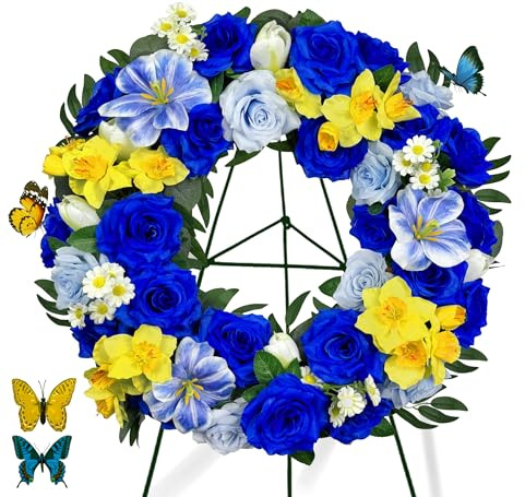 Cemetery Wreaths for Grave Decoration, Headstone Wreath with 30 Inch Gravestone Flower Holder-Blue Roses,Tulips, Daffodils