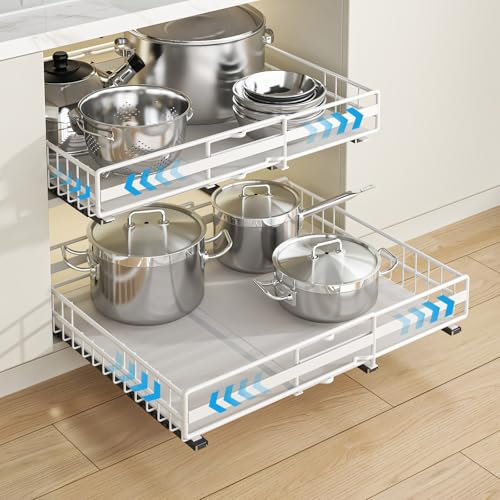 2 pezzi Cassetto telescopico da cucina, allungabile, inserto per cassetti retrofit, organizer per cucina e armadi, con strisce adesive, senza fori, bianco e bianco, 31-49/39/8 cm + 32-51/41/8 cm