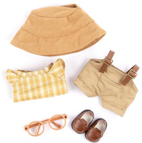 Doll Outfit Clothes Set for 17cm Dolls, 5-Piece Clothes 6.7in/17cm Outfits Cute Accessories Includes Shoes+ Hat+Plaid T-Shirt+Bib Pants+Glasses Clothes Set