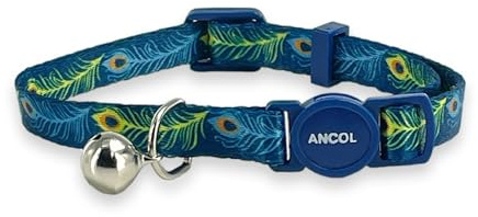 Ancol Collier réglable pour Chat avec Clochette de sécurité et Boucle de séparation Motif Plume de Paon élégant