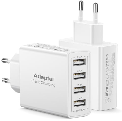 Caricatore USB Multiplo 2-Pack, 4Porte Presa Multipla Spina Alimentatore USB, 25W Multipresa Caricabatterie Spinotto Carica Rapido Caricatore per Samsung S25 S24 S23, iPhone Air 17 16 15 14 13 12 11