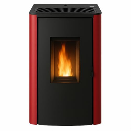 FORTUNATO Stufa a Pellet 7,87 kW, 180 m³, Bordeaux, Efficienza 94,4%, Serbatoio 15 kg, 47×45×95 cm, Design Compatto, Classe A+