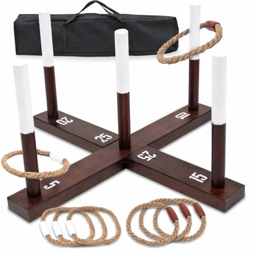 Rope Ring Toss Game Set | Wooden Ring Toss for Kids & Adults | Indoor Outdoor Carnival & Garden Games | Perfect for Party & Family Fun | Includes 6 Ropes with Carry Bag (Dark Brown)