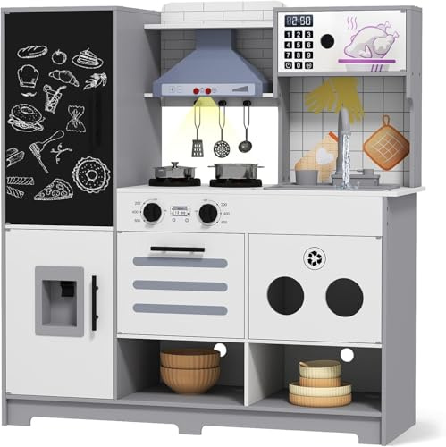 Kids Wooden Kitchen, Large Pretend Play Kitchen Toys, with Realistic Tap, Sounds & Light, Chalkboard & Water Dispenser, Children Cooking Playset for Toddlers 3+ Boy Girl