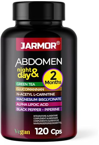ABDOMEN Integratore Brucia Grassi Naturale | 120 Cps Vegane, 2 Mesi di Scorta | con Tè Verde, Glucomannano, Carnitina e Piperina | Supporto Metabolismo e Benessere Corporeo Formula Giorno & Notte