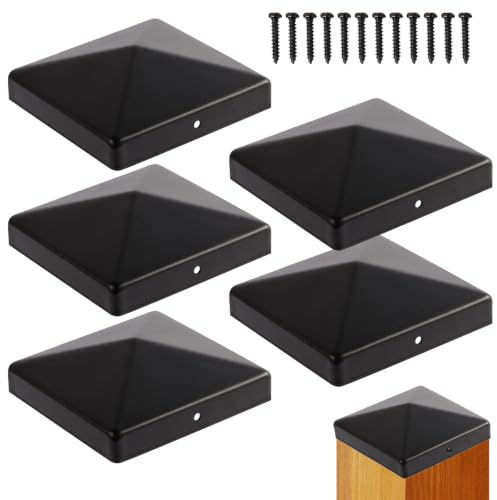 Tapas para postes de 7 × 7 cm, 6 unidades de acero con recubrimiento en polvo negro con tornillos