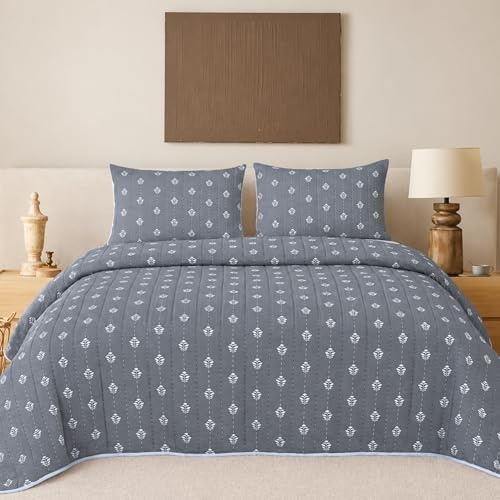 Colcha Boutí Bordada Cama 135 (235x260) para Verano y Entretiempo - 100% Microfibra Suave – Cubrecama Moderno Multiusos Ligero y Transpirable - Incluye 2 Fundas de Almohada 70x50 cm (Cosenza Gris)