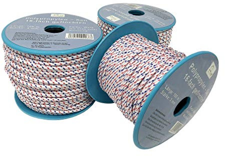 Green Home Seil auf Rolle - 3 mm x 100 m weiß/blau/rot Polypropylenseil PP, Festmacherleine, Allzweckseil, Strick, Leine, Flechtleine - Bruchlast: 80 kg - 100 m - Rolle