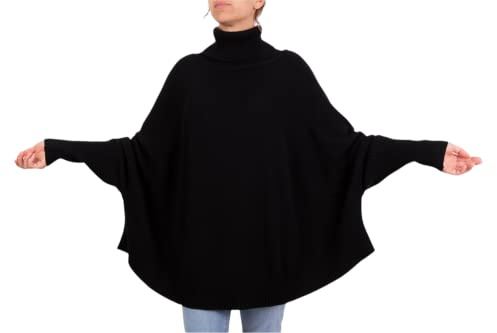 Marenza Poncho Misto Cashmere Kimono Collo Anello Donna Made in Italy Doppio Filo Manica Lunga Lana Merino Cachemire Mantella Taglia Unica Regalo Abbigliamento Inverno Coprispalle (Nero)