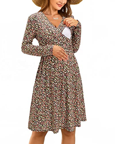 OUGES Womens 2026 V-Neck Maternity Nursing Breastfeeding Baby Shower Dress Long Sleeve Fall Clothes with Pockets(FloralF,M)