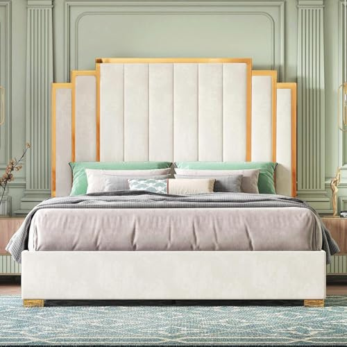 HOWE King Size Bed Frame and 65 Headboard, Upholstered Bed with Golden Plating Trim, Modern Platform Bed No Box Spring Needed, Cream