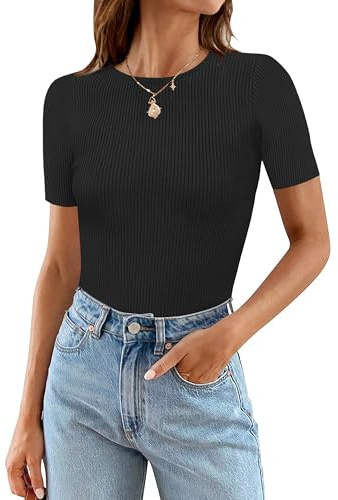 MEROKEETY Women's Short Sleeve Crewneck Bodysuits Summer Ribbed Knit Tops Slim Fit Body Suit Black M