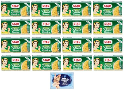 Confezione da 16 Star Il Mio Dado Classico, Preparato per brodo, scatole da 30 dadi + 1 Confezione di Talco Felce Azzurra in omaggio, Busta da 100g