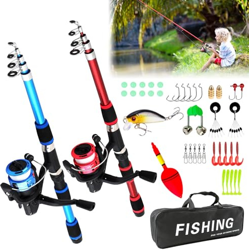 Angelset Für Kinder, Kinderangel Starter Set, Kinder Angelruten Set, 180cm Komplettes Fischzubehör-Set Teleskop-Angelrute Mit Angelrolle Köder Set Tragbare Teleskopische Kinder-Angel-Kombi-Rute Rolle