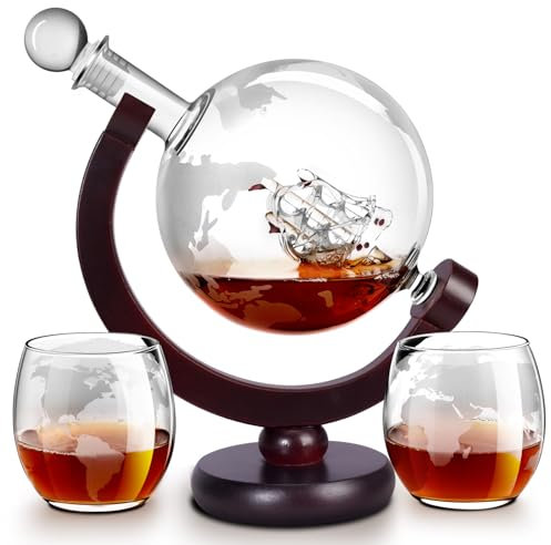 Whiskey Decanter Sets for Men, Whiskey Decanter Globe Set, Gifts for Men Dad Valentines Day with 2 Etched Globe Whisky Glasses for Liquor, Bourbon, Cocktails, Scotch liquor decanter Sets - 850ml