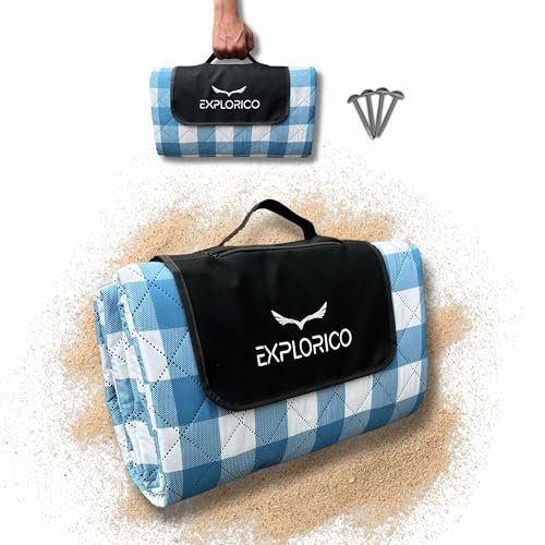 Explorico Picknickdecke 200x200 cm – groß, wasserdicht, sandfrei, isoliert & waschbar – XXL Outdoor Decke, Stranddecke, Strandmatte & Campingdecke mit Tragegriff für Park, Garten, Strand & Festival