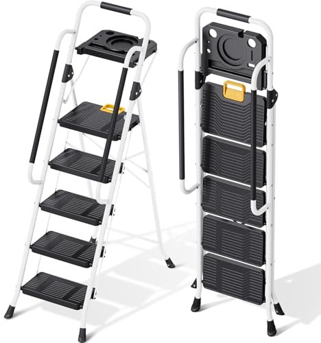 KINGRACK Escalera Plegable 5 Peldaños, Carga hasta 360 kg, con Bloqueo de Seguridad, Pedales Anchos Antideslizantes, Pasamanos, Bandeja de Herramientas Escalera Doméstica Hogar Oficina Armarios Blanco