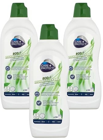 CARE + PROTECT ECO+ Geschirrspülgel, umweltfreundliches Geschirrspülmittel, hypoallergen, frei von Farbstoffen und Phosphaten, Entfettungs- und Spülwirkung, effektiv in kurzen Zyklen, Maxipack 3 x 650